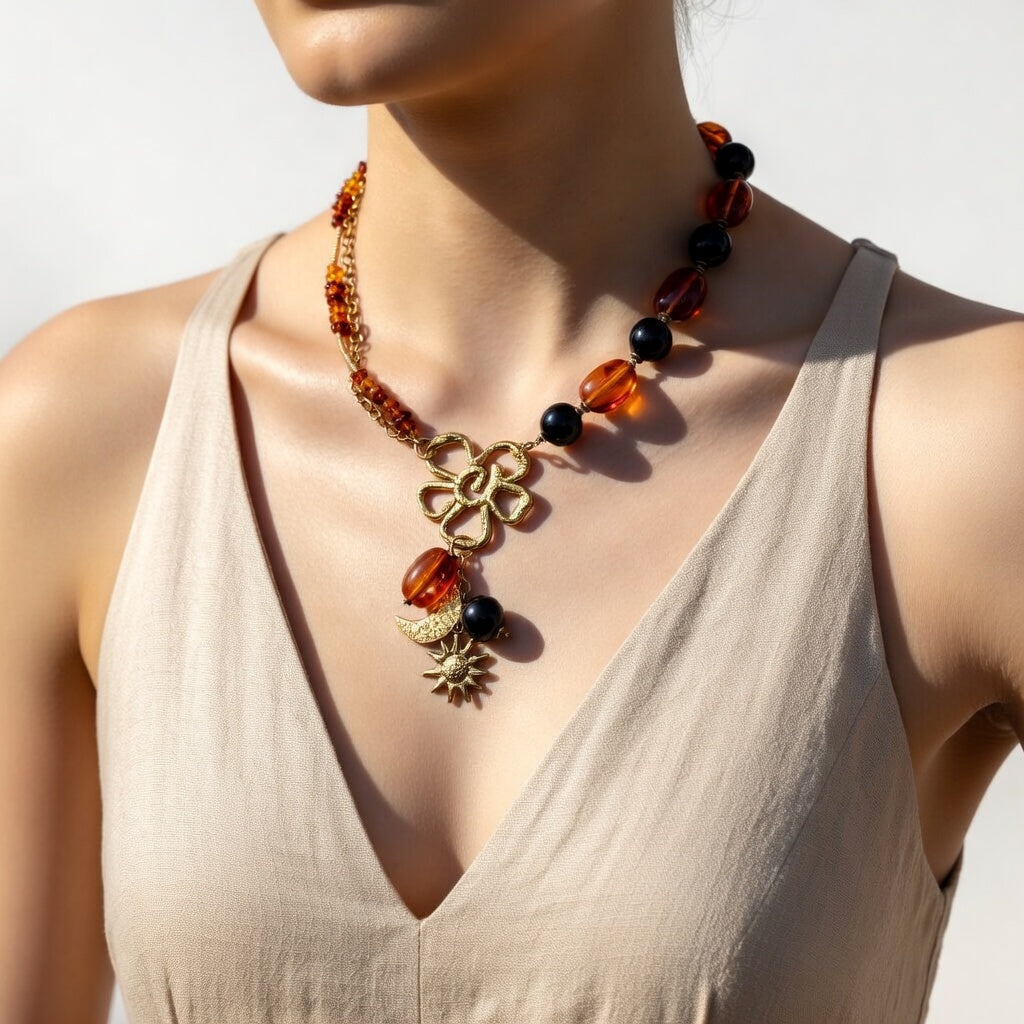 Éclipse Dorée – Collier Nuit Ambrée en Acier Inoxydable