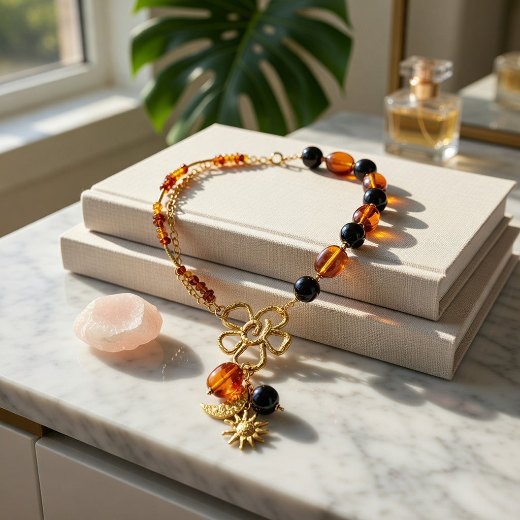 Éclipse Dorée – Collier Nuit Ambrée en Acier Inoxydable